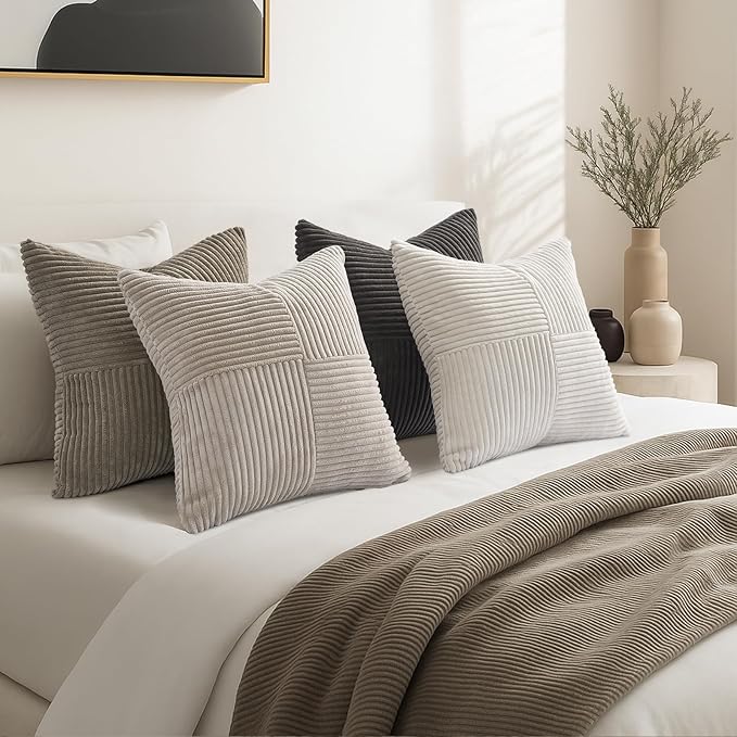 Topfinel Decorative Neutral Gray Throw Pillow Covers for Couch,Boho Cozy Soft Cushion Covers Set of 4 with Corduroy,Accent Pillowcases for Sofa,Bed,Living Room Home Decor 18×18 Inch (Cream,Grey)