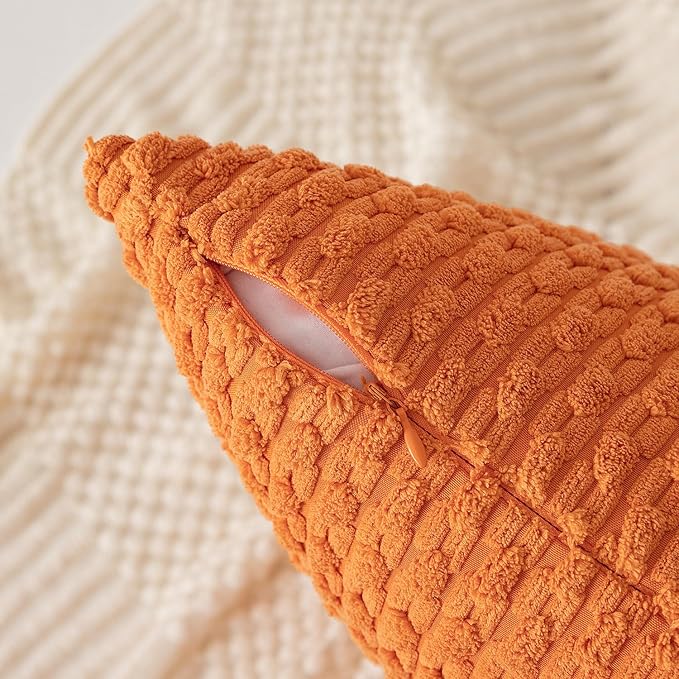 Kevin Textile Fall Pack of 2 Corduroy Decorative Throw Pillow Covers 18x18 Inch Soft Boho Striped Pillow Covers Modern Farmhouse Home Decor for Spring Sofa Living Room Couch Bed Orange