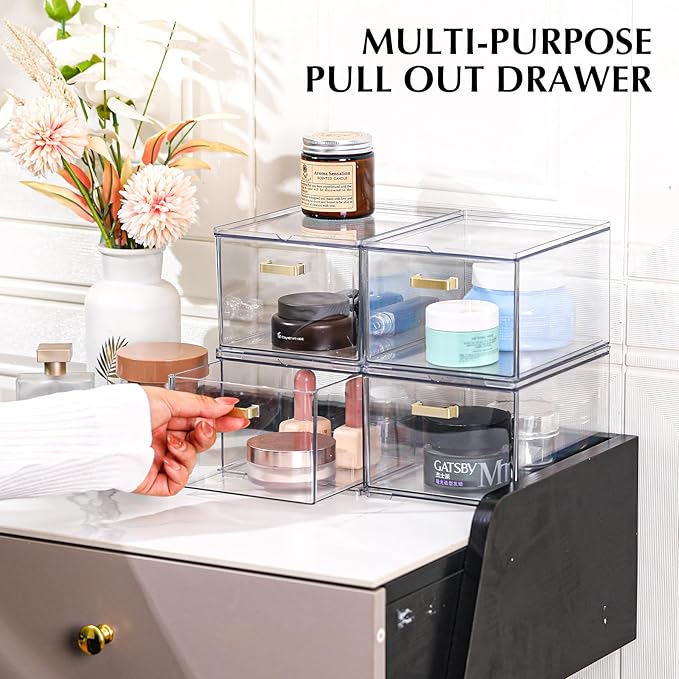 4 Pack Plastic Storage Bins, Acrylic Bathroom Makeup Organizer with Handle, Clear Small Stackable Storage Drawers for Vanity, Home, Kitchen Cabinet, Pantry, UnderSink Organization(6.7"D x 10.6" x 8"H)