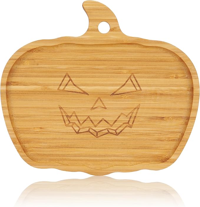 WILLKOMMEN Halloween Serving Platter, Pumpkin Shaped Charcuterie Board, Bamboo Serving Tray 10" x 9" for Party Child Spooky Appetizer Board Serving Dish Plate for Cheese,Snacks,Candy,Cookies