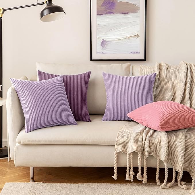 MIULEE Winter Pack of 2 Corduroy Pillow Covers Soft Soild Cushion Cases Decorative Square Throw Pillow Covers Lavender Pillowcases for Sofa Bedroom Car 18 x 18 Inch 45 x 45 Cm