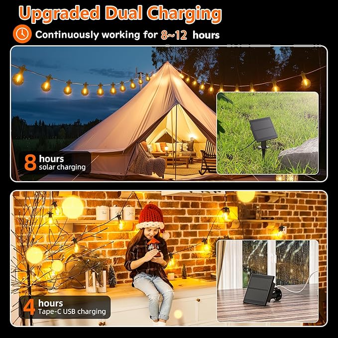 Kawaya Outdoor String Lights, LED Patio Light, Shatterproof Edison Globe Bulbs - IP65 Waterproof Dimmable Hanging Lights (Solar 31FT(15 Bulbs))