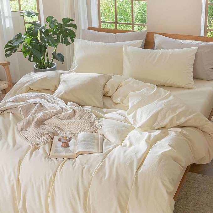 MooMee Bedding Duvet Cover Set 100% Washed Cotton Linen Like Textured Breathable Durable Soft Comfy (Solid Cream White, Twin 68"x90")