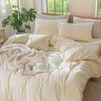 MooMee Bedding Duvet Cover Set 100% Washed Cotton Linen Like Textured Breathable Durable Soft Comfy (Solid Cream White, Full 80"x90")