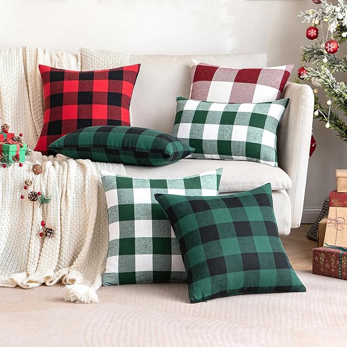 MIULEE Christmas Pack of 2 Buffalo Check Plaids Porch Throw Pillow Covers Classic Retro Farmhouse Cushion Case Soft Square Pillowcases for Home Decor Sofa Bedroom Couch 20 x 20 Inch Green and White