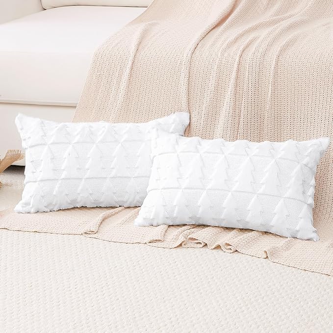 OTOSTAR Set of 2 Xmas Soft Plush Short Wool Velvet Decorative Throw Pillow Covers Rectangular Luxury Style Cushion Case Pillow Shell for Sofa Bedroom Christmas Tree White, 16x24 Inch