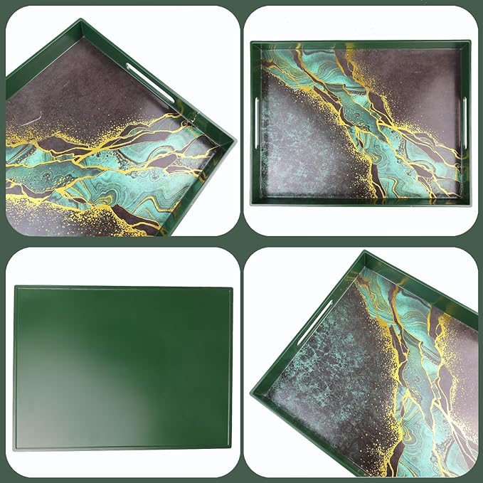 Set of 2 Green Marble Serving Trays with Handles, Plastic Nesting Trays for Coffee Table, Ottoman, Kitchen, Living Room, Outdoor, Patio, Large 15.7”*11.8”*1.6”, Small 13.7”*9.8”*1.4”