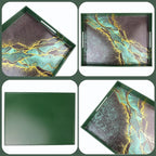 Set of 2 Green Marble Serving Trays with Handles, Plastic Nesting Trays for Coffee Table, Ottoman, Kitchen, Living Room, Outdoor, Patio, Large 15.7”*11.8”*1.6”, Small 13.7”*9.8”*1.4”