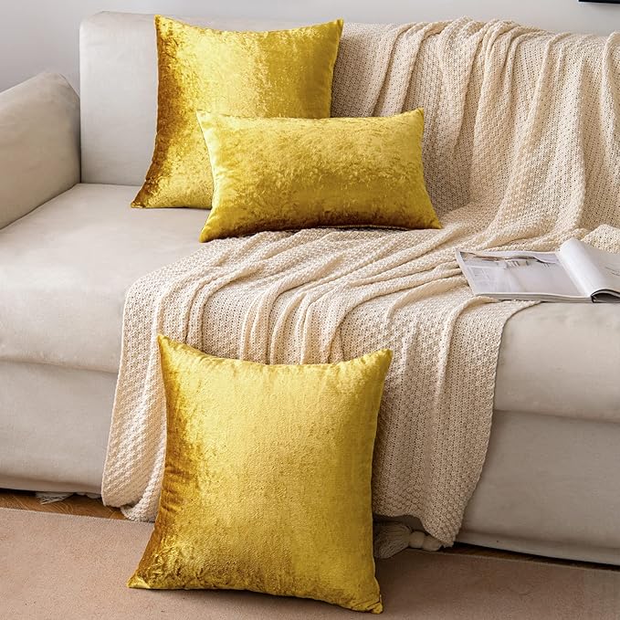 EMEMA Fall Bright Gold Velvet Throw Pillow Covers 20x20 Inch Set of 2 Decorative Square Pillowcase Soft Solid Cushion Case for Couch Sofa Bed Bedroom Livingroom