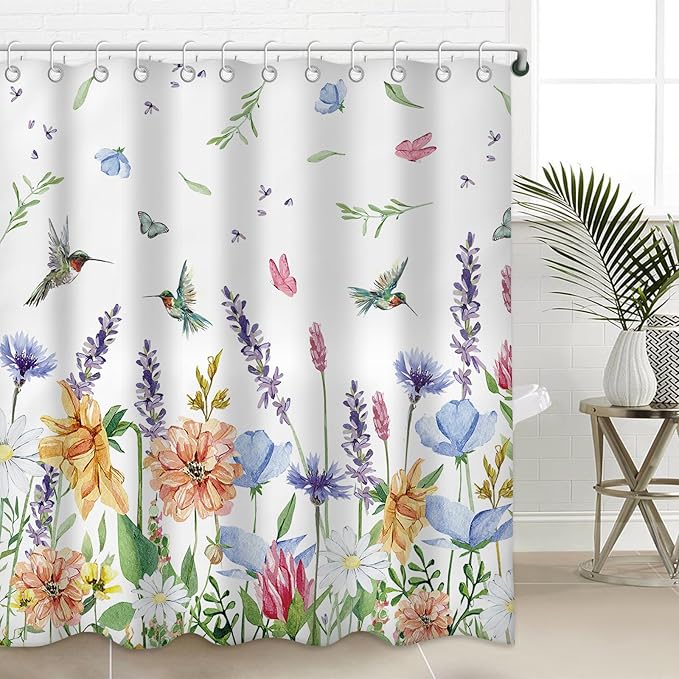 Hummingbird Floral Shower Curtains for Bathroom, Spring Summer Bathroom Decor Flower Shower Curtain Set - 72x72 Inch Waterproof Fabric Shower Curtain with Hooks Bathtub Curtain