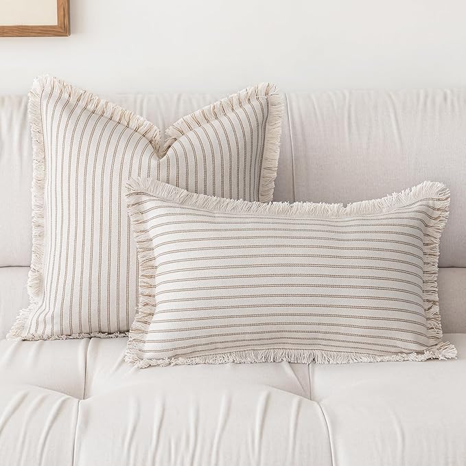 Throw Pillow Covers 16x16 Set of 2 Striped Fringe Pillow Cover Farmhouse Cushion Covers with Tassel Neutral Boho Pillows Decorative Square Pillowcase for Couch Sofa Bed, Khaki