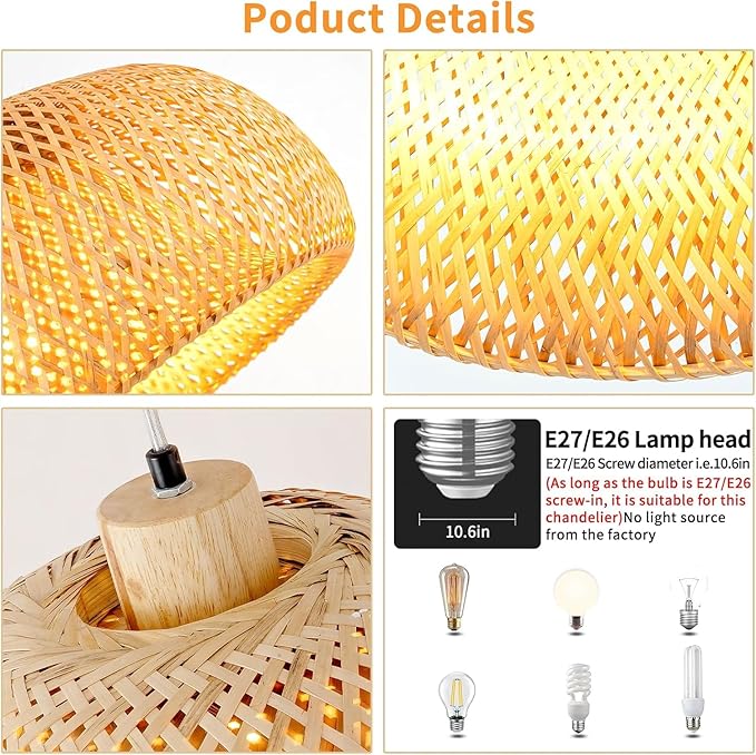 18inch Bamboo Rattan Pendant Light, Hand-Woven Wicker Boho Hanging Ceiling Lights Fixture, Beige Pendant Lamp Rustic Farmhouse Chandelier for Kitchen Island, Dining Room, Bedroom, Living Room