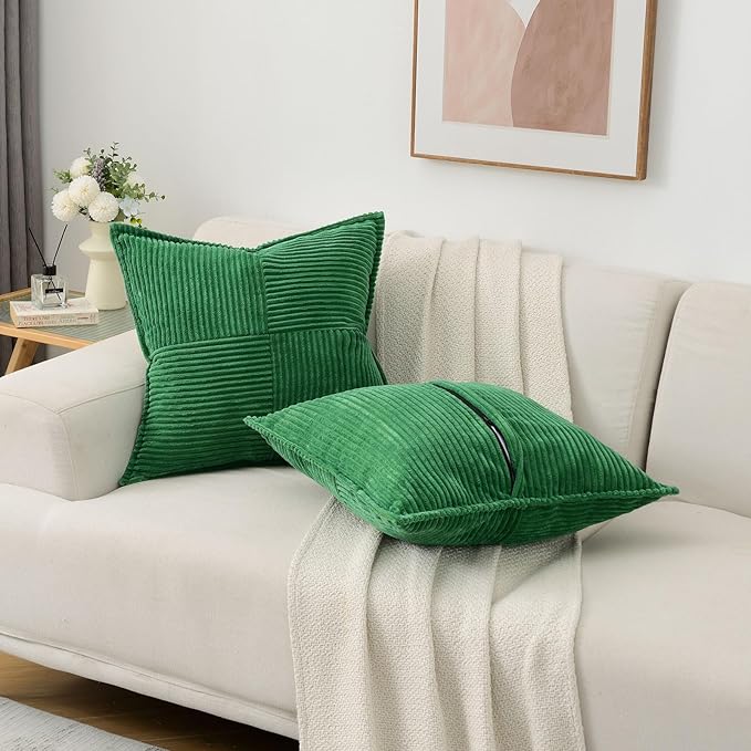 HAUSSY Emerald Green Throw Pillow Covers 12x12 Inch Set of 2,Soft Solid Corduroy Striped/Wide Bordered,Square Decorative Cushion Case,Winter Home Decorations for Couch,Bed