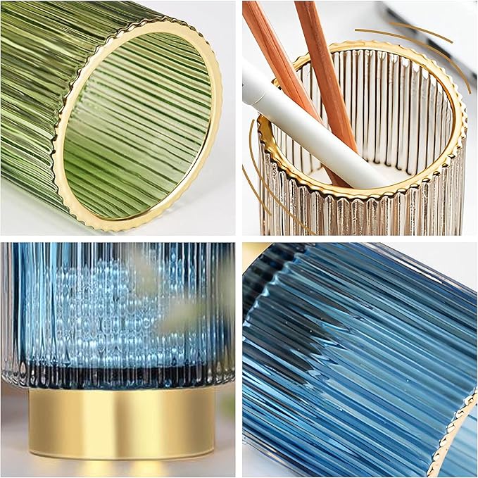 DASITON Makeup Brush holder Organizer, Crystal Cosmetic Makeup Brush Glass Brushes Storage Holder, Vintage Make Up Brush Cup Pen Pencil Holder striped vase(Green S+L)
