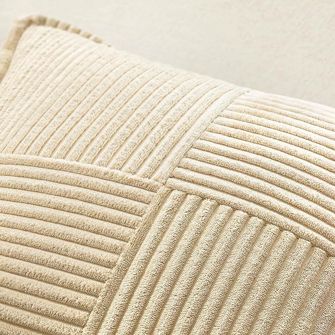 MIULEE Decorative Lumbar Throw Pillow Covers for Couch Bed Livingroom 12x20 Inch Set of 2 Cream Boho Accent Throw Pllows Broadside Striped Patchwork Soft Corduroy Pillowcases