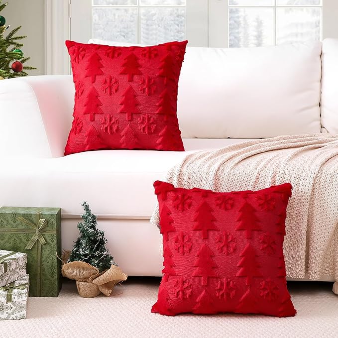OTOSTAR Set of 2 Xmas Soft Plush Short Wool Velvet Decorative Throw Pillow Covers Square Luxury Style Cushion Case Pillow Shell for Sofa Bedroom Tree and Snowflake Red, 20x20 Inch