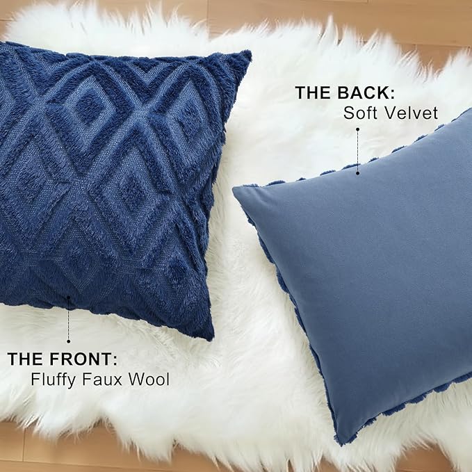decorUhome Couch Throw Pillow Covers 20x20 Set of 2, Decorative Soft Plush Faux Wool Neutral Accent Pillow Covers for Bed Sofa Living Room, Blue
