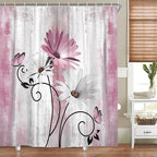 Rustic Farmhouse Shower Curtain, Farm Pink Daisy Floral Flowers and Butterfly on Country Wooden Shower Curtain for Bathroom, Pink Grey Bathroom Shower Curtains with 12PCS Hooks, 70X70IN