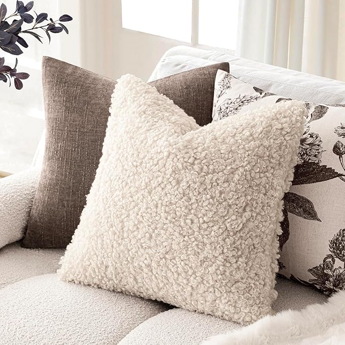 Foindtower 2 Pieces 26x26 Inch Cream Beige, Faux Fur Throw Pillow Cover Accent Sherpa Furry Pillow Covers Fuzzy Soft Pillowcases Cozy Sheepskin Decorative Fleece Cushion Case for Bed Couch Living Room