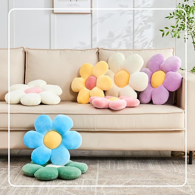White Pink Flower Pillow, 19.6" Cute Flower Shaped Floor Pillow, Aesthetic Floral Plush Daisy Decorative Throw Pillows for Bed Sofa Couch