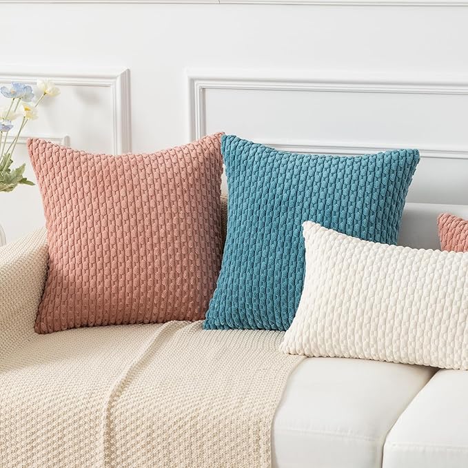 Kevin Textile Throw Pillow Covers Soft Corduroy Decorative Set of 2 Boho Striped Pillow Covers Pillowcases Farmhouse Home Decor for Couch Bed Sofa Living Room 20x20 Inch Light Blue