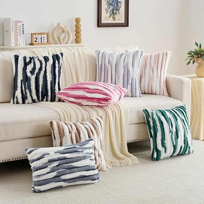 FUTEI Navy Blue Decorative Throw Pillow Covers 22x22 Inch Set of 2, Soft Tie-Dye Faux Rabbit Fur Striped Texture Cushion Case, Modern Home Decor for Couch Bed Living Room