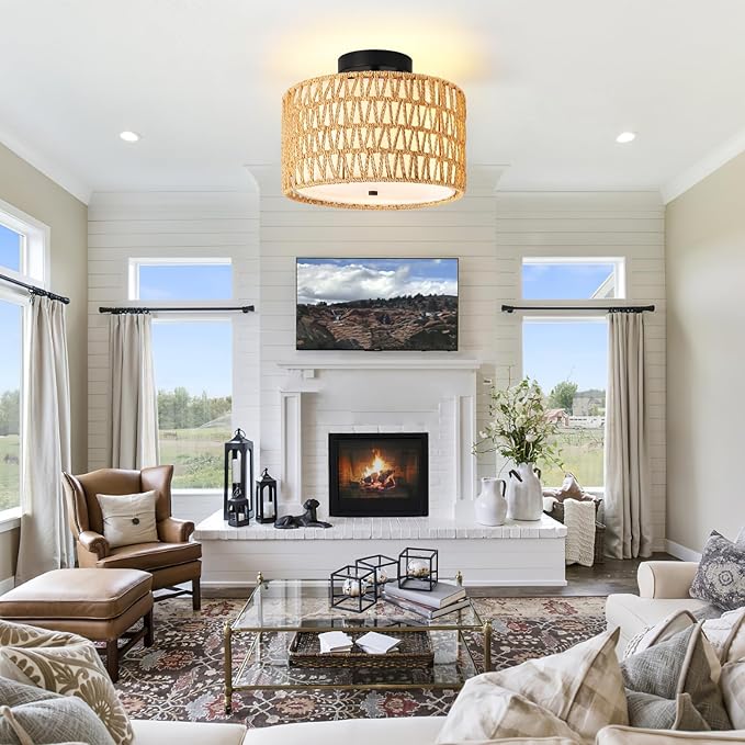 WILON Rattan Light Fixture Ceiling Mount, 3-Light Semi Flush Mount Ceiling Light Fixture with Fabric Shade, Modern Drum Woven Boho Light Fixture for Hallway Entryway Kitchen Bedroom Nursery Laundry