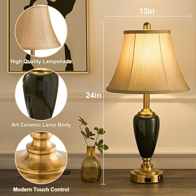 24" Ceramic Table Lamp with 3 Way Dimmable Touch Lamps - 2 USB Ports & AC Outlet Bedside Lamps, Modern Nightstand Lamp for Bedroom Living Room Office (Bulb Included) (Dark Green-2 Pack)