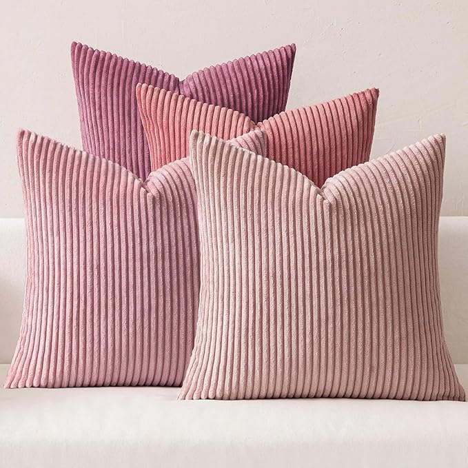 MIULEE Pack of 4 Purple Pink Corduroy Decorative Throw Pillow Covers 20x20 Inch Soft Boho Striped Pillow Covers Modern Farmhouse Home Decor for Winter Sofa Living Room Couch Bed