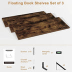 Fun Memories Long Wall Shelves for Bedroom, Set of 3 Large 40-Inch Floating Bookshelves, Rustic Wood Display Shelf for Home and Office (Rustic Brown)