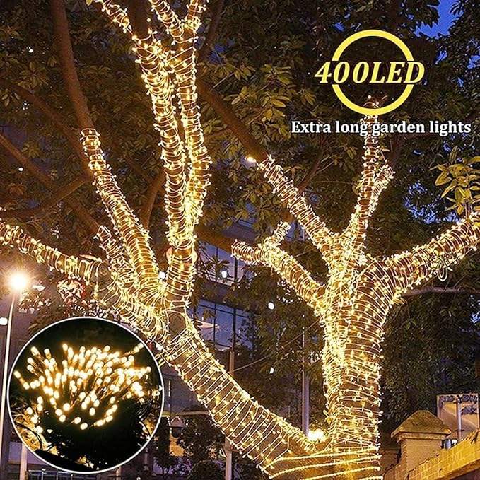 4Pack Solar String Lights for Outside, 400 LED Solar Christmas Lights Outdoor Waterproof with 8 Modes Solar Fairy Lights for Xmas Tree Party Wedding Garden Fence Decorations (Warm White)