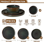 LIANYU Dinnerware Sets with Pasta Bowls, 24 Piece Ribbed Dinnerware Plates and Bowls Set for 6, Elegant Modern Stoneware Dishes Set for Kitchen Dining, Microwave and Dishwasher Safe, Jungle Green