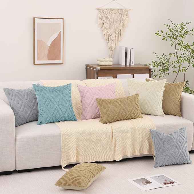 Pallene Light Khaki Throw Pillow Covers 16x16 Set of 2, Soft Plush Faux Fur Decorative Couch Pillow Covers for Sofa Bed Living Room Pillow Cases with 3D Diamond Pattern