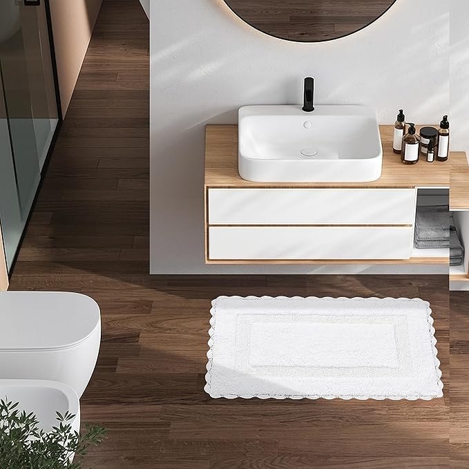 Savi Home Cotton Crochet Bathmat with Antiskid 21x34 White, 100% Pure Cotton, Super Soft White, Plush & Absorbent, Hand Tufted Heavy Weight Construction, Full Reversible Step Out Rugs