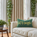 Sunkifover Let's Snuggle Decorative Lumbar Pillow Cover - 12x20 Inch Green and Gold Cotton Embroidery Throw Pillowcase for Bed, Bedroom, Living Room, Home Decor