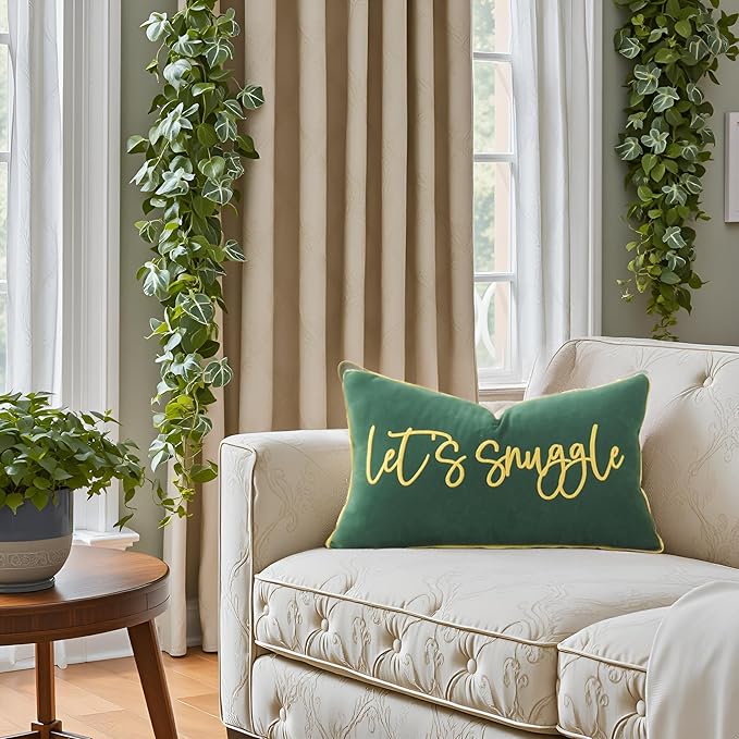 Sunkifover Let's Snuggle Decorative Lumbar Pillow Cover - 12x20 Inch Green and Gold Cotton Embroidery Throw Pillowcase for Bed, Bedroom, Living Room, Home Decor