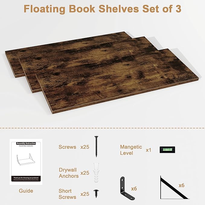 Fun Memories Extra Long Floating Wall Shelves, 48 x 8 Inches, Set of 3 Large Wood Floating Bookshelves with Metal Brackets for Storage & Display (Rustic Brown)