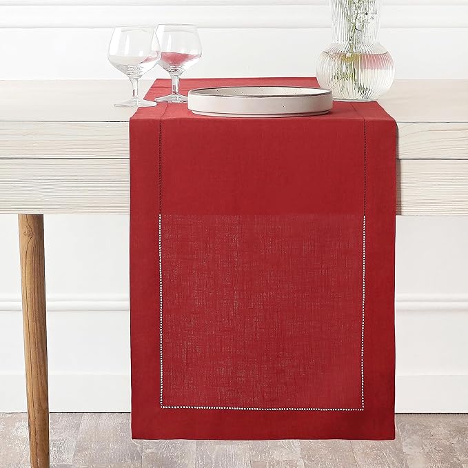 D'Moksha Homes Linen Bright Red Table Runner 90 Inches Long - Classic Hemstitch 100% Pure Linen Dining Table Runner 14 x 90 Inch for Fall, Autumn and Halloween