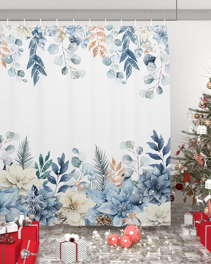 Vandarllin Blue Christmas Poinsettia Shower Curtain, Winter Eucalyptus Leaves Shower Curtains Set with Hooks, Waterproof Fabric Bathroom Curtains Decor Home Accessories,Stall 48 X 72 Inch