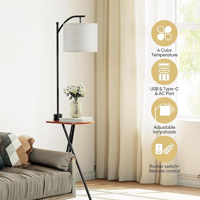 ROTTOGOON Floor Lamp with Table, End Table Lamp with Remote Control and Charging Station(USB A & Type-C & AC Port), 4 Color Temperatures, Floor Lamps for Living Room, Bedroom and Home Office,Black