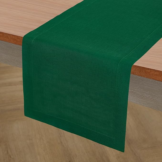 Solino Home Linen Table Runner 36 Inches - 100% Pure Linen Christmas Green Table Runner 14 x 36 Inch Ideal for Dresser and Coffee Tables - Thanksgiving - Fete
