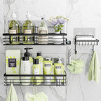Orimade Adhesive Shower Caddy Soap Dish Holder Shelf with 5 Hooks Bathroom Organizer Basket Kitchen Storage Rack Wall Mounted No Drilling Stainless Steel - 3 Pack, Black