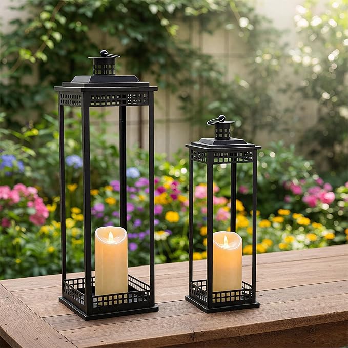 Vintage Lanterns Decorative Outdoor Indoor, 23'' 17'' Set of 2 Black Metal Candle Lantern, Lantern Decor for Retro Living Room, Patio, Fireplace, Porch, Garden, Balcony, Wedding Floor Lantern