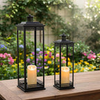 Vintage Lanterns Decorative Outdoor Indoor, 23'' 17'' Set of 2 Black Metal Candle Lantern, Lantern Decor for Retro Living Room, Patio, Fireplace, Porch, Garden, Balcony, Wedding Floor Lantern