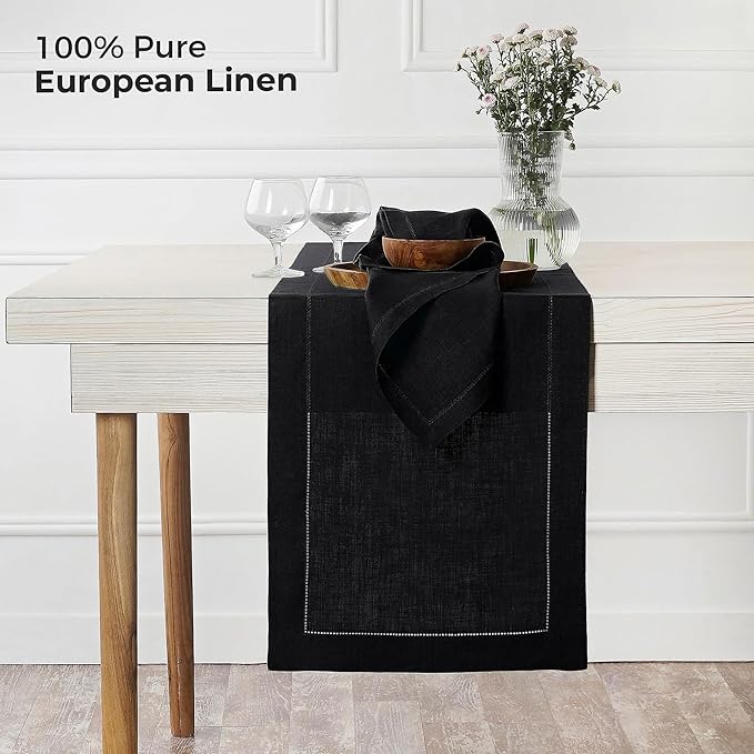 D'Moksha Homes Linen Black Table Runner 72 Inches Long - 100% Pure Linen Hemstitch Table Runner 14 x 72 Inch for Dresser, Dining, Fall, Autumn and Halloween - Classic Hemstitch