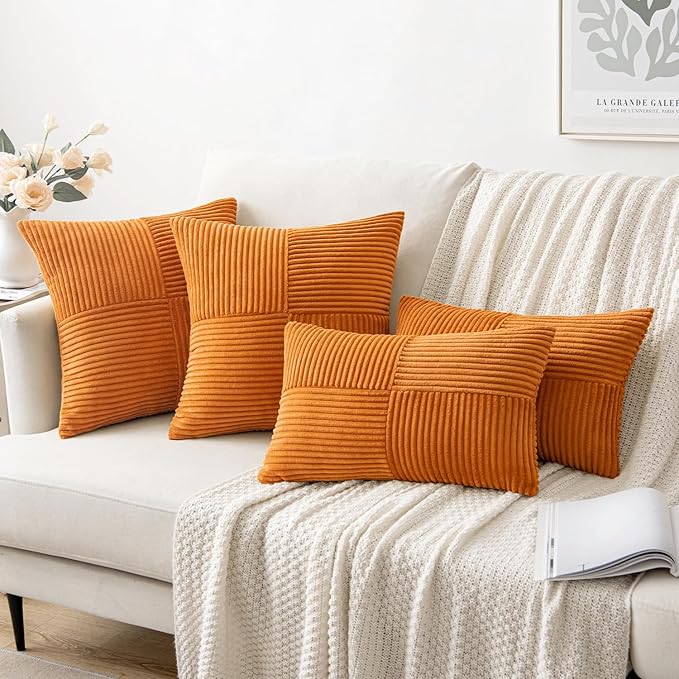 MIULEE Fall Burnt Orange Corduroy Pillow Covers Pack of 2 Boho Decorative Spliced Throw Pillows Soft Cross Patchwork Textured Covers Pillowcases Home Decor for Couch Living Room Bed Sofa 24x24 inch