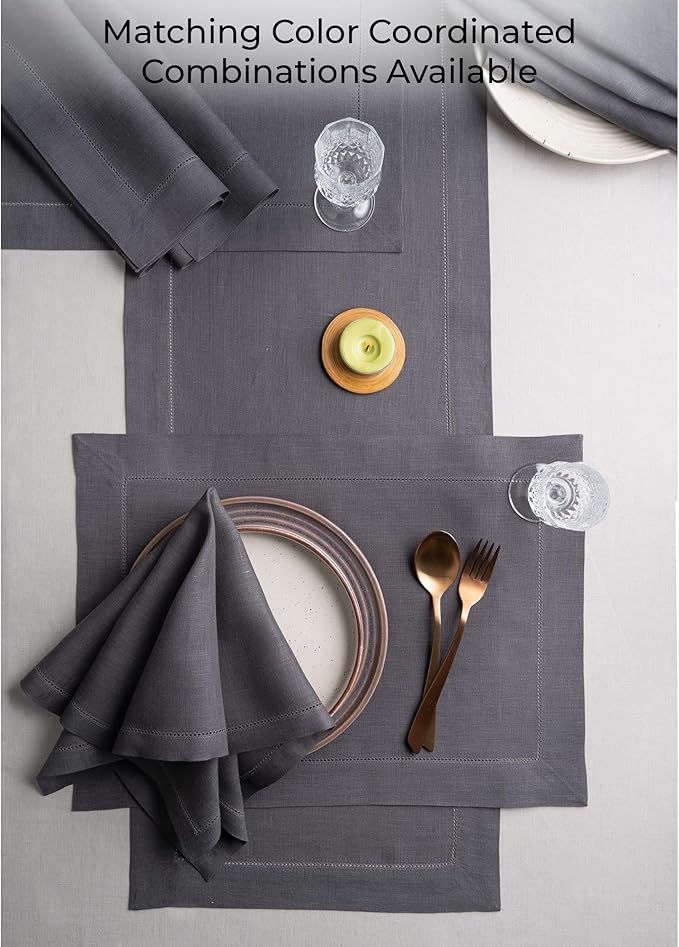 D'Moksha Homes Linen Charcoal Grey Table Runner 90 Inches Long - Classic Hemstitch 100% Pure Linen Dining Table Runner 14 x 90 Inch for Fall, Autumn and Halloween
