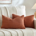 Fancy Homi Set of 2 Rust Long Lumbar Decorative Throw Pillow Covers 12x24 Inch for Couch Bed Chair, Aesthetic Boho Room Decor, Soft Fuzzy Striped Corduroy Cute Rectangle Accent Cushion Case 30x60 cm