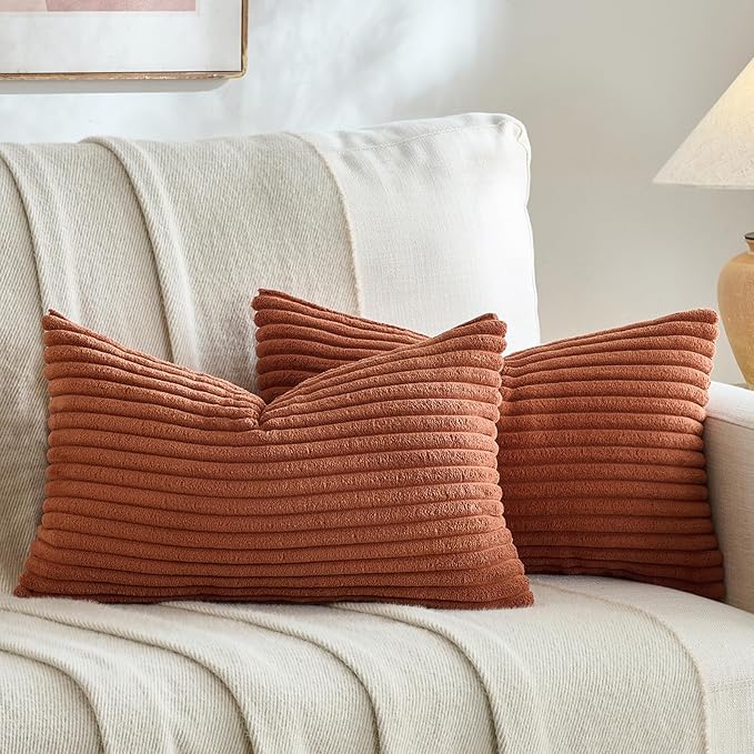 Fancy Homi Set of 2 Rust Long Lumbar Decorative Throw Pillow Covers 12x24 Inch for Couch Bed Chair, Aesthetic Boho Room Decor, Soft Fuzzy Striped Corduroy Cute Rectangle Accent Cushion Case 30x60 cm