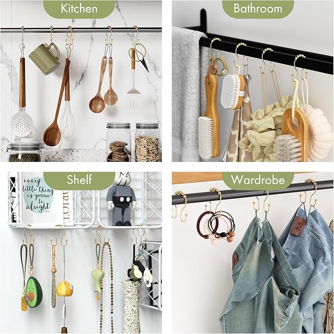 AmazerBath 12Pcs Gold Metal Double Shower Curtain Hooks & Rings, Rust Proof, Smooth Glide, Multipurpose